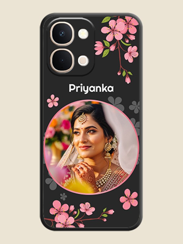Custom Round Image with Pink Color Floral Design on Photo On Space Black Custom Soft Matte Mobile Back Cover - Vivo T5X 5G