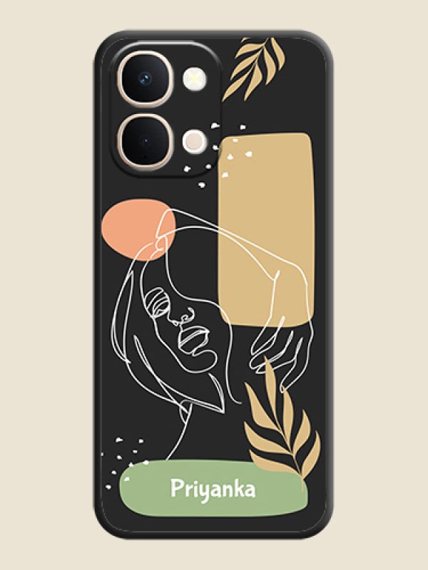 Custom Custom Text With Line Art Of Women & Leaves Design On Space Black Custom Soft Matte Mobile Back Cover - Vivo T5X 5G