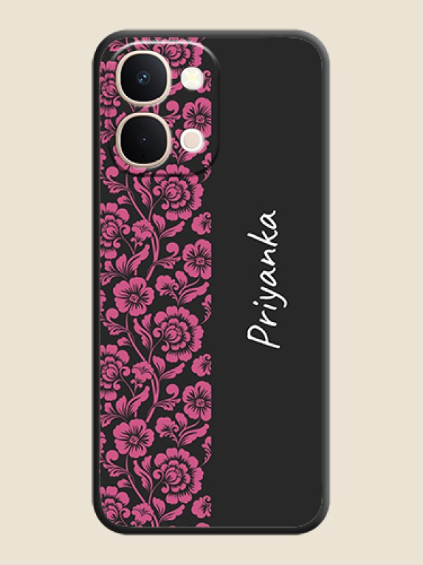 Custom Pink Floral Pattern Design With Custom Text On Space Black Custom Soft Matte Mobile Back Cover - Vivo T5X 5G