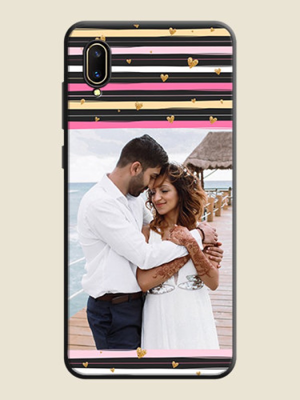 Custom Multicolor Lines and Golden Love Symbols Design on Photo on Space Black Soft Matte Mobile Cover - Vivo V11 Pro