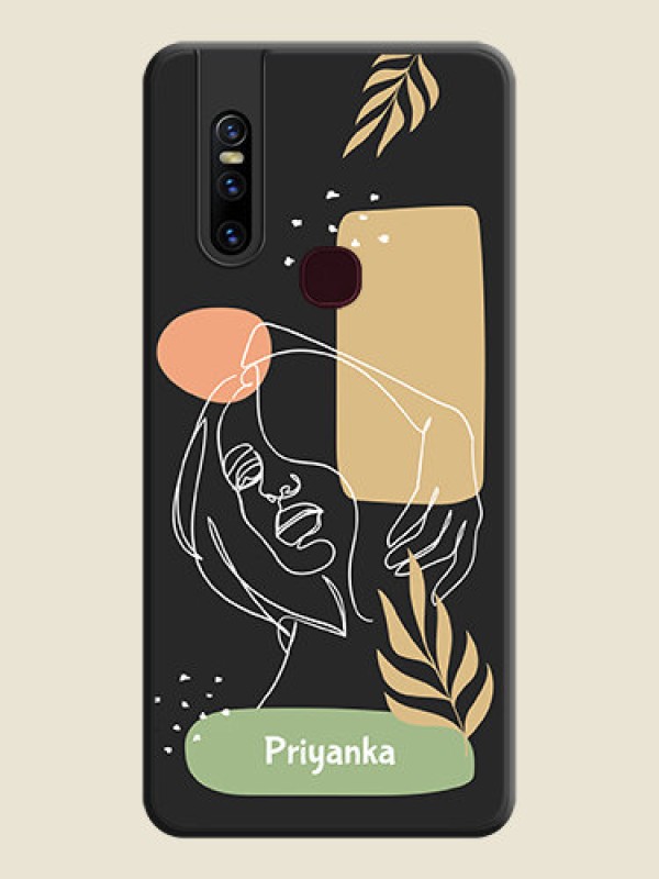 Custom Custom Text With Line Art Of Women & Leaves Design On Space Black Personalized Soft Matte Phone Covers -Vivo V15