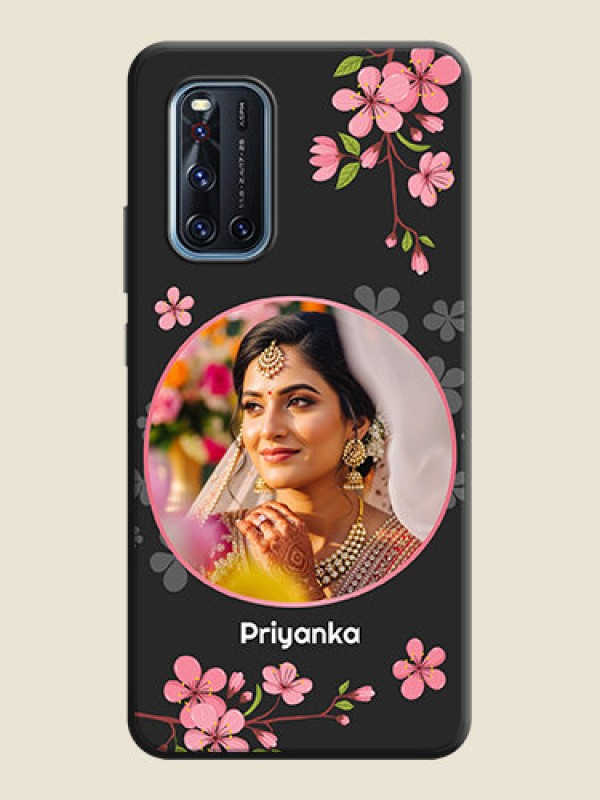 Custom Round Image with Pink Color Floral Design - Photo on Space Black Soft Matte Back Cover - Vivo V19