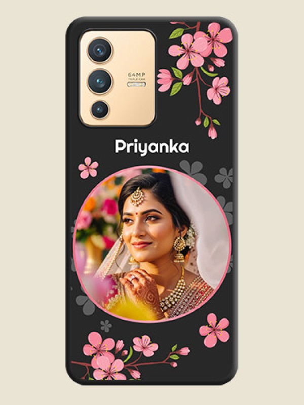 Custom Round Image with Pink Color Floral Design on Photo on Space Black Soft Matte Back Cover - Vivo V23 5G
