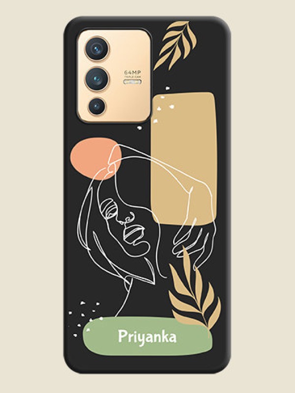 Custom Custom Text With Line Art Of Women & Leaves Design On Space Black Personalized Soft Matte Phone Covers -Vivo V23 5G