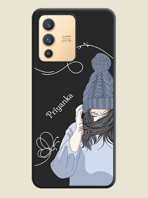 Custom Girl With Blue Winter Outfiit Custom Text Design On Space Black Personalized Soft Matte Phone Covers -Vivo V23 5G