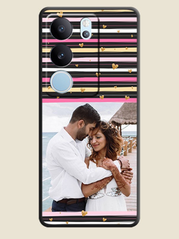 Custom Multicolor Lines and Golden Love Symbols Design on Photo On Space Black Custom Soft Matte Mobile Back Cover - Vivo V29 5G