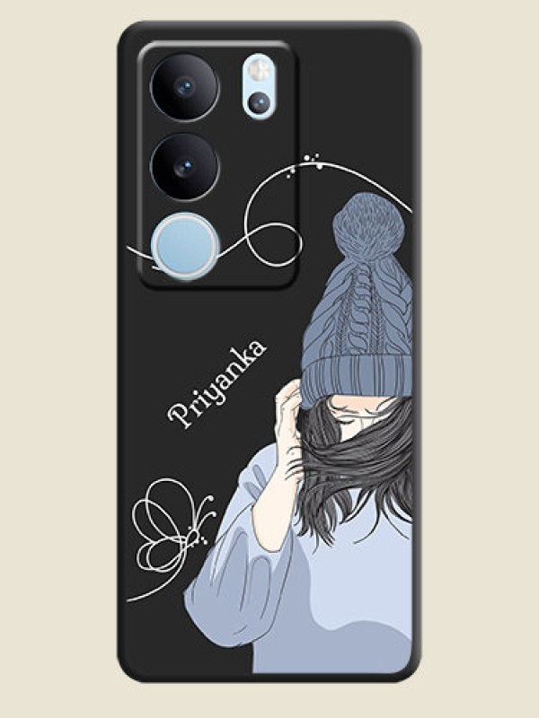Custom Girl With Blue Winter Outfiit Custom Text Design On Space Black Custom Soft Matte Mobile Back Cover - Vivo V29 Pro 5G