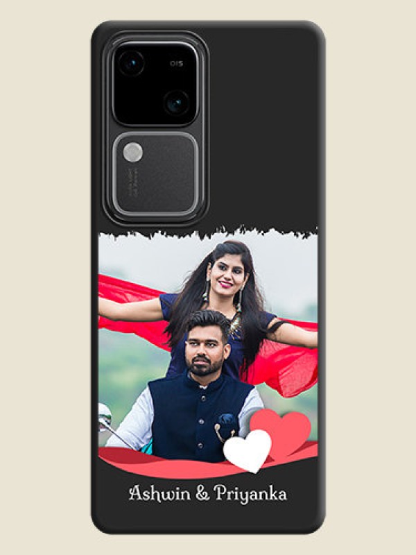 Custom Pink Color Love Shaped Ribbon Design with Text on Space Black Custom Soft Matte Phone Back Cover - Vivo V30 5G