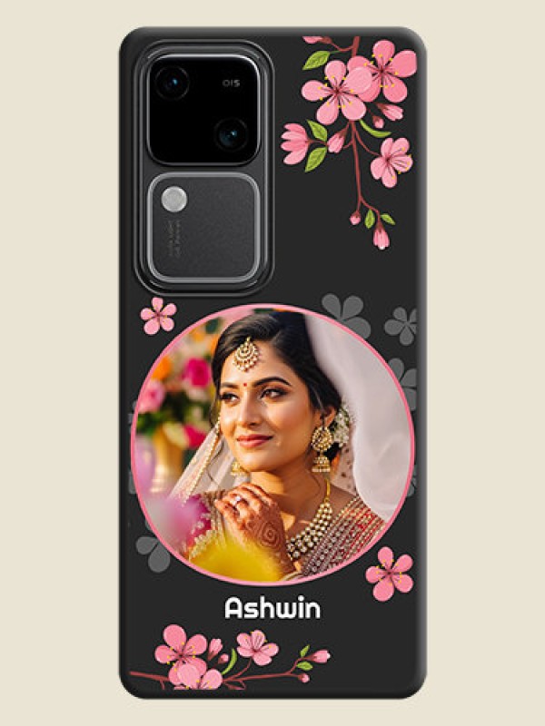 Custom Round Image with Pink Color Floral Design - Photo on Space Black Soft Matte Back Cover - Vivo V30 5G
