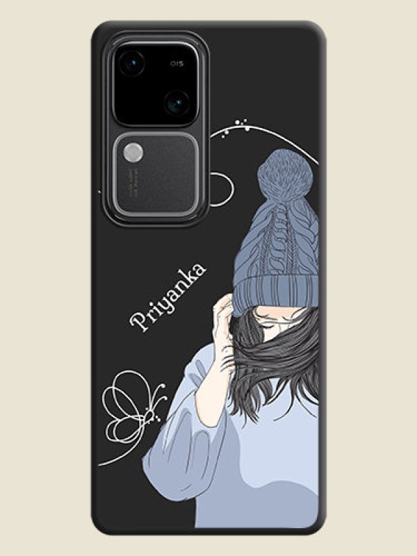 Custom Girl With Blue Winter Outfiit Custom Text Design On Space Black Personalized Soft Matte Phone Covers - Vivo V30 5G