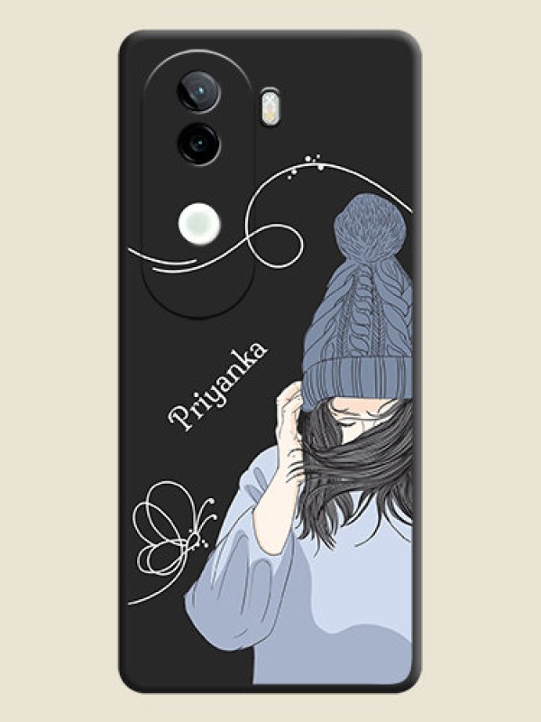 Custom Girl With Blue Winter Outfiit Custom Text Design On Space Black Custom Soft Matte Mobile Back Cover - Vivo V40e 5G