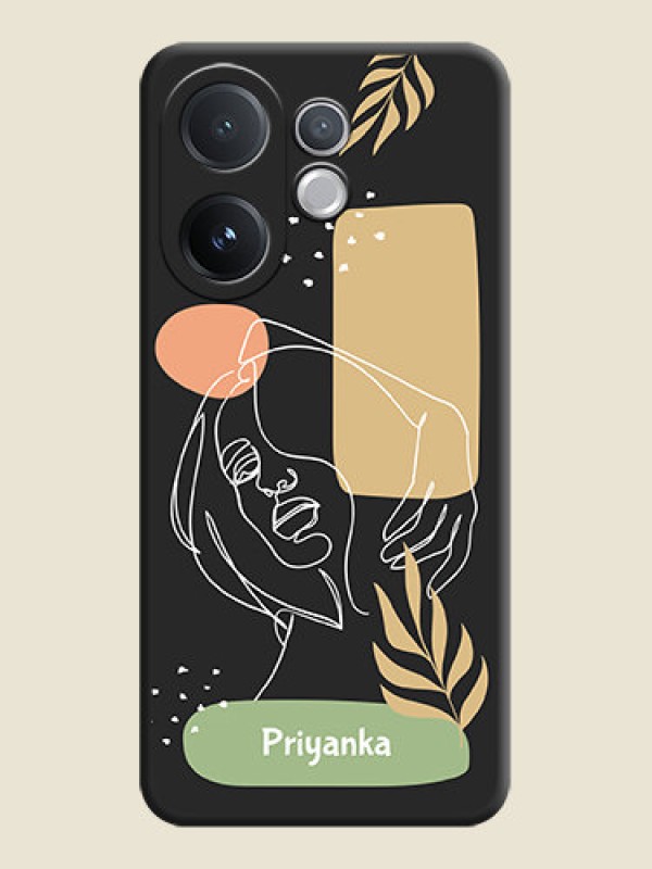 Custom Custom Text With Line Art Of Women & Leaves Design On Space Black Custom Soft Matte Mobile Back Cover - Vivo V60 5G