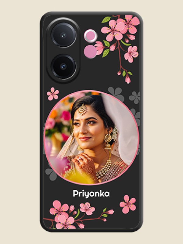 Custom Round Image with Pink Color Floral Design on Photo On Space Black Custom Soft Matte Mobile Back Cover - Vivo V60e 5G
