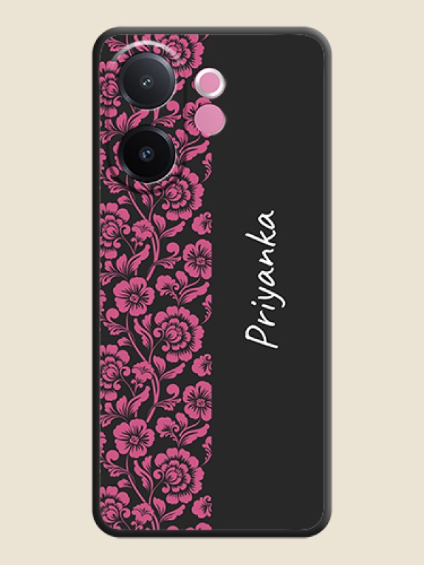 Custom Pink Floral Pattern Design With Custom Text On Space Black Custom Soft Matte Mobile Back Cover - Vivo V60e 5G