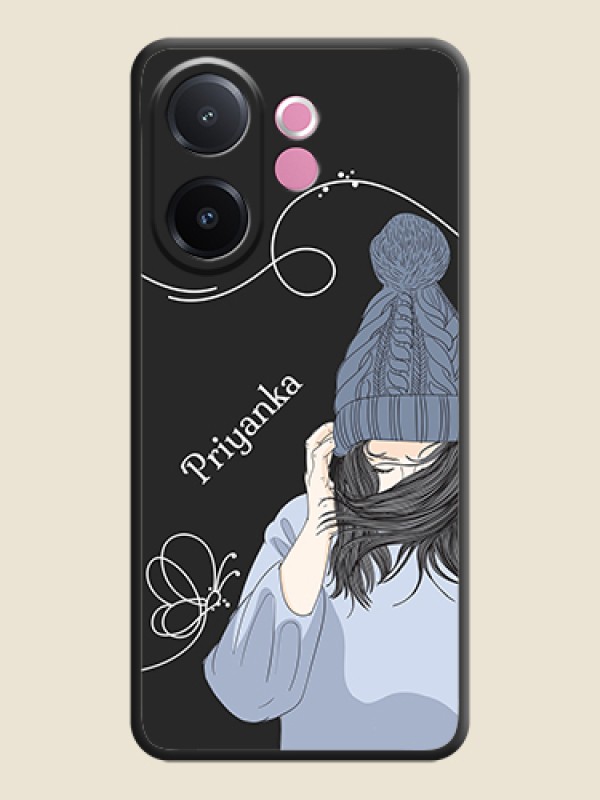 Custom Girl With Blue Winter Outfiit Custom Text Design On Space Black Custom Soft Matte Mobile Back Cover - Vivo V60e 5G