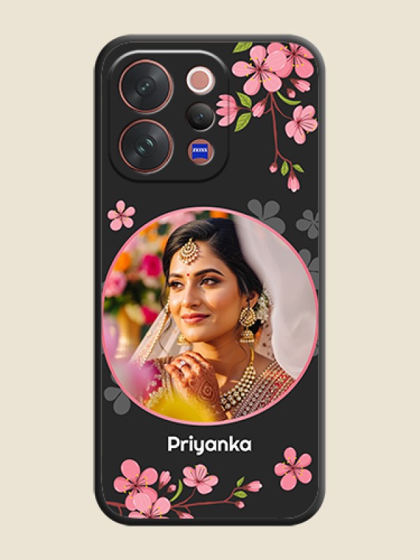 Custom Round Image with Pink Color Floral Design on Photo On Space Black Custom Soft Matte Mobile Back Cover - Vivo V70 5G