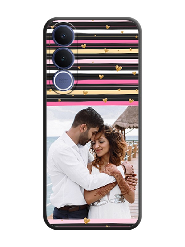 Custom Multicolor Lines and Golden Love Symbols Design on Photo On Space Black Custom Soft Matte Mobile Back Cover - Vivo V70 Fe 5G