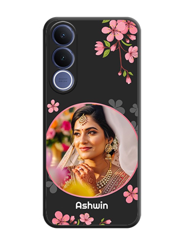 Custom Round Image with Pink Color Floral Design on Photo On Space Black Custom Soft Matte Mobile Back Cover - Vivo V70 Fe 5G