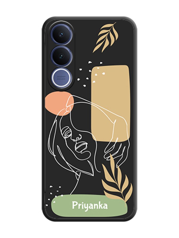 Custom Custom Text With Line Art Of Women & Leaves Design On Space Black Custom Soft Matte Mobile Back Cover - Vivo V70 Fe 5G