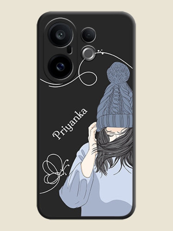 Custom Girl With Blue Winter Outfiit Custom Text Design On Space Black Custom Soft Matte Mobile Back Cover - Vivo X200 FE 5G