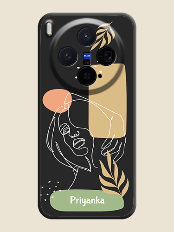 Custom Custom Text With Line Art Of Women & Leaves Design On Space Black Custom Soft Matte Mobile Back Cover - Vivo X300 5G