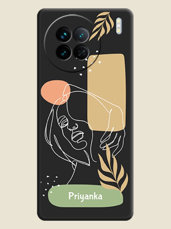 Custom Custom Text With Line Art Of Women & Leaves Design On Space Black Personalized Soft Matte Phone Covers -Vivo X90 5G