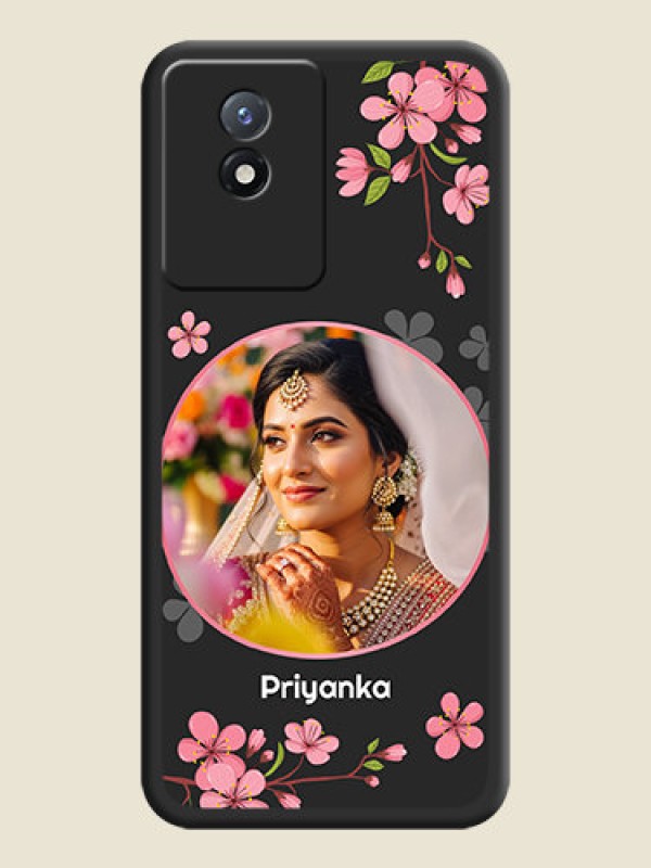 Custom Round Image with Pink Color Floral Design on Photo on Space Black Soft Matte Back Cover - Vivo Y02