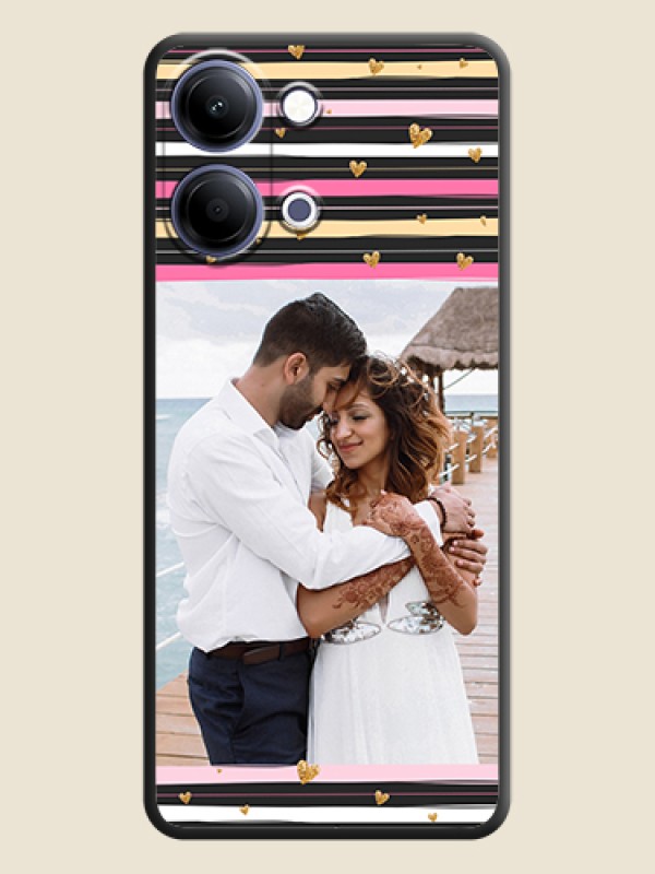 Custom Multicolor Lines and Golden Love Symbols Design on Photo On Space Black Custom Soft Matte Mobile Back Cover - Vivo Y05 4G