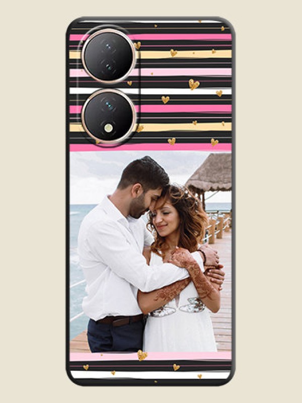Custom Multicolor Lines and Golden Love Symbols Design on Photo on Space Black Soft Matte Mobile Cover - Vivo Y100
