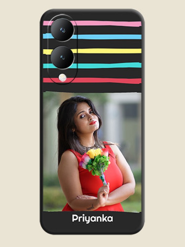 Custom Multicolor Lines with Image On Space Black Custom Soft Matte Mobile Back Cover - Vivo Y17S