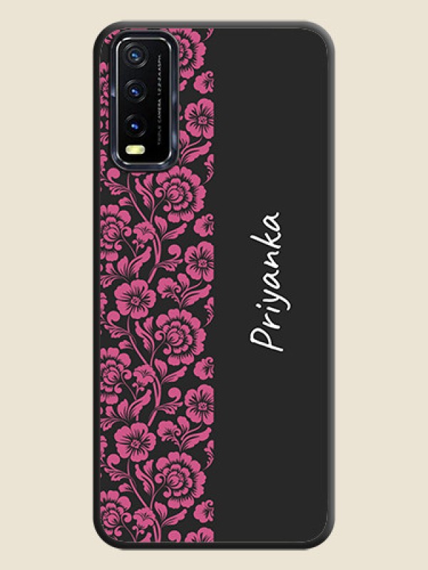 Custom Pink Floral Pattern Design With Custom Text On Space Black Personalized Soft Matte Phone Covers -Vivo Y20