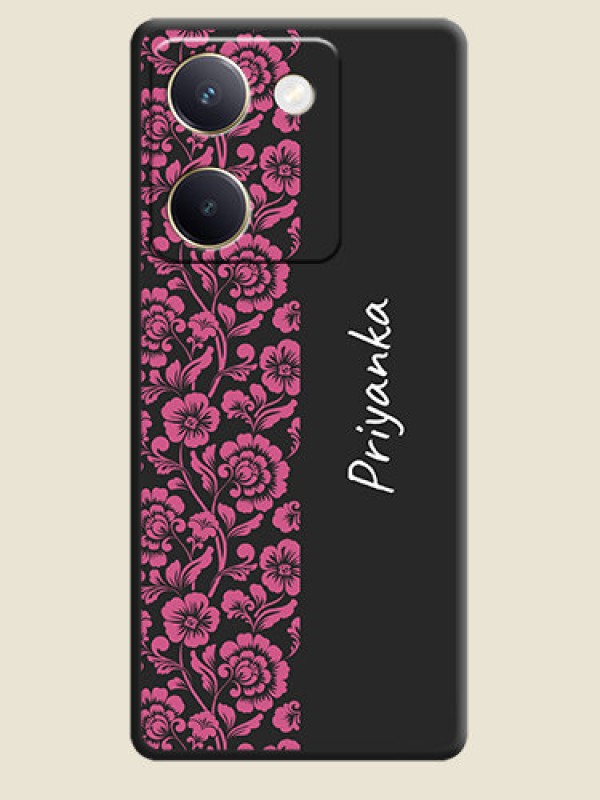 Custom Pink Floral Pattern Design With Custom Text On Space Black Custom Soft Matte Mobile Back Cover - Vivo Y200 Pro 5G