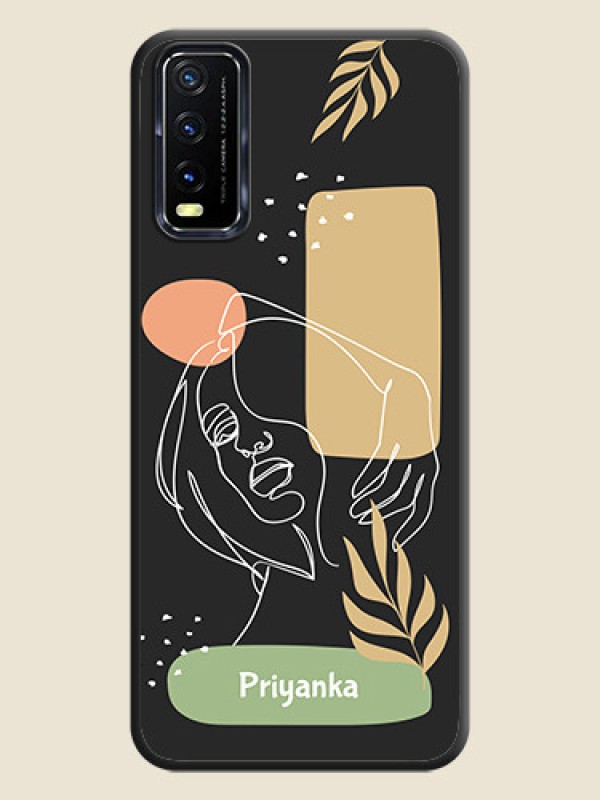Custom Custom Text With Line Art Of Women & Leaves Design On Space Black Personalized Soft Matte Phone Covers -Vivo Y20A