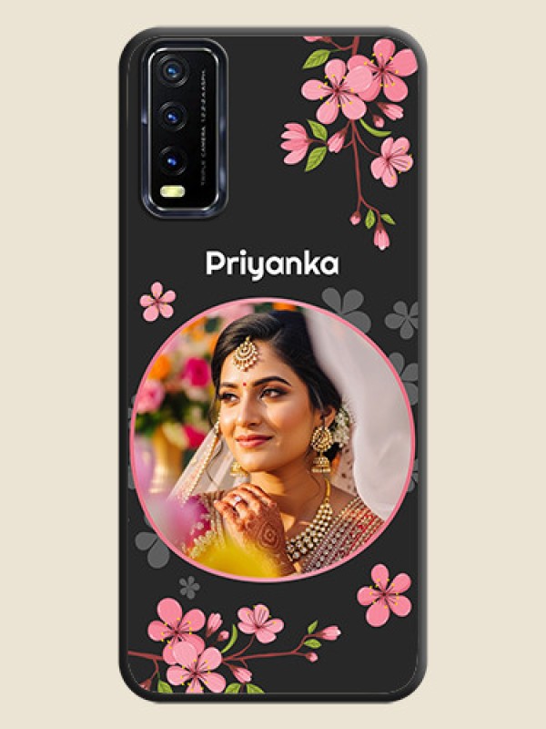 Custom Round Image with Pink Color Floral Design on Photo on Space Black Soft Matte Back Cover - Vivo Y20T