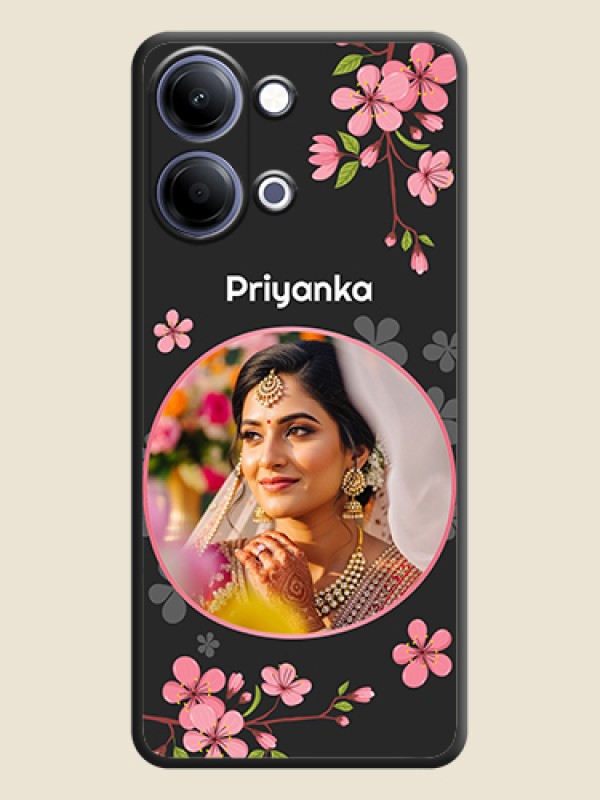 Custom Round Image with Pink Color Floral Design on Photo On Space Black Custom Soft Matte Mobile Back Cover - Vivo Y21 5G