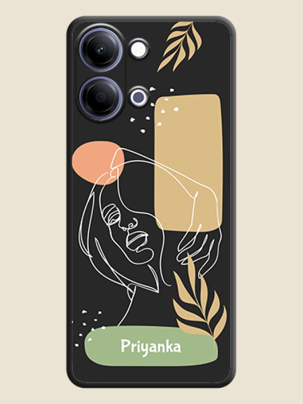 Custom Custom Text With Line Art Of Women & Leaves Design On Space Black Custom Soft Matte Mobile Back Cover - Vivo Y21 5G