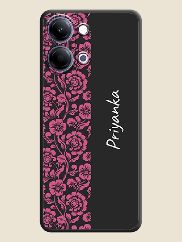 Custom Pink Floral Pattern Design With Custom Text On Space Black Custom Soft Matte Mobile Back Cover - Vivo Y21 5G