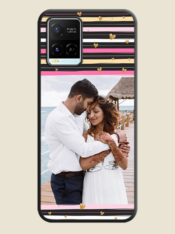Custom Multicolor Lines and Golden Love Symbols Design on Photo on Space Black Soft Matte Mobile Cover - Vivo Y21e