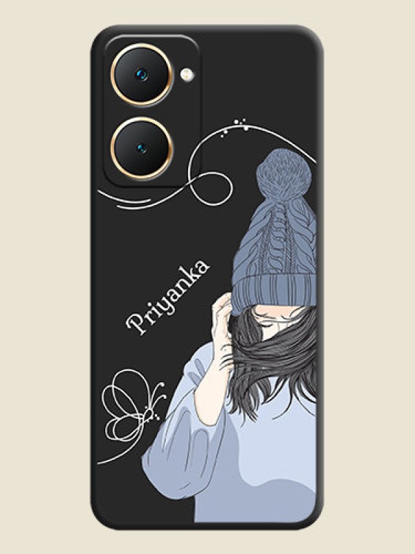 Custom Girl With Blue Winter Outfiit Custom Text Design On Space Black Custom Soft Matte Mobile Back Cover - Vivo Y28e 5G