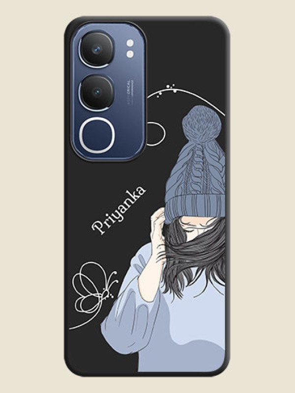 Custom Girl With Blue Winter Outfiit Custom Text Design On Space Black Custom Soft Matte Mobile Back Cover - Vivo Y29 5G