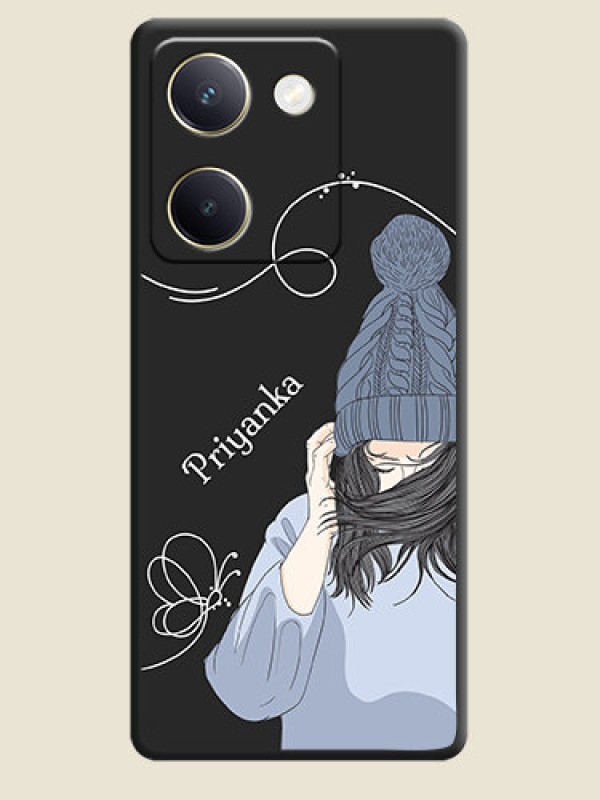 Custom Girl With Blue Winter Outfiit Custom Text Design On Space Black Custom Soft Matte Mobile Back Cover - Vivo Y300 Plus 5G