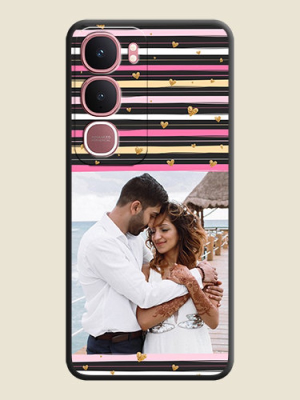 Custom Multicolor Lines and Golden Love Symbols Design on Photo On Space Black Custom Soft Matte Mobile Back Cover - Vivo Y31 5G