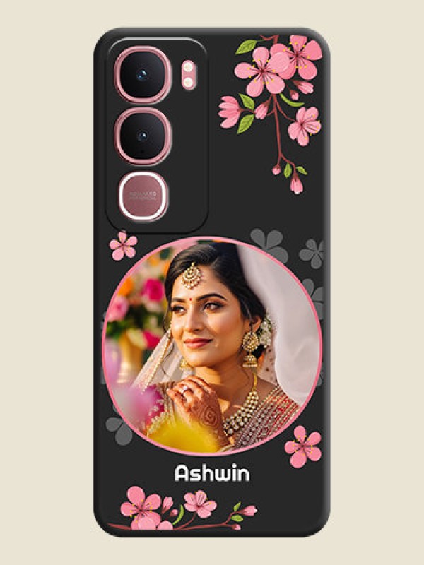 Custom Round Image with Pink Color Floral Design on Photo On Space Black Custom Soft Matte Mobile Back Cover - Vivo Y31 5G