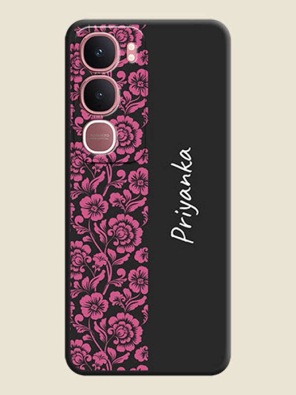 Custom Pink Floral Pattern Design With Custom Text On Space Black Custom Soft Matte Mobile Back Cover - Vivo Y31 5G