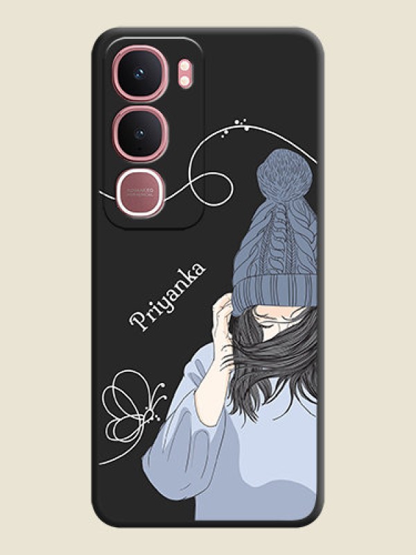 Custom Girl With Blue Winter Outfiit Custom Text Design On Space Black Custom Soft Matte Mobile Back Cover - Vivo Y31 5G