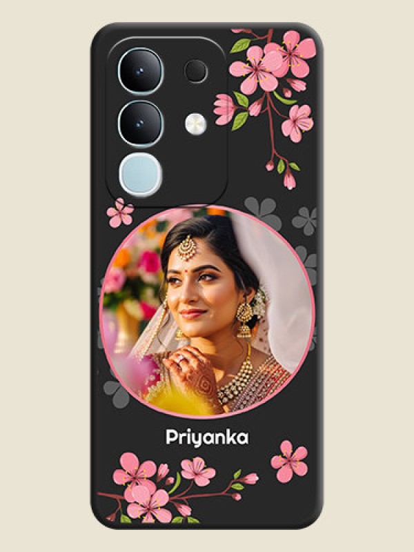 Custom Round Image with Pink Color Floral Design on Photo On Space Black Custom Soft Matte Mobile Back Cover - Vivo Y31 Pro 5G