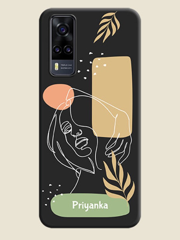 Custom Custom Text With Line Art Of Women & Leaves Design On Space Black Personalized Soft Matte Phone Covers -Vivo Y31