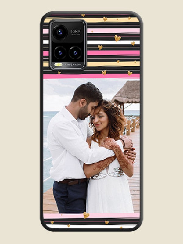 Custom Multicolor Lines and Golden Love Symbols Design on Photo on Space Black Soft Matte Mobile Cover - Vivo Y33s