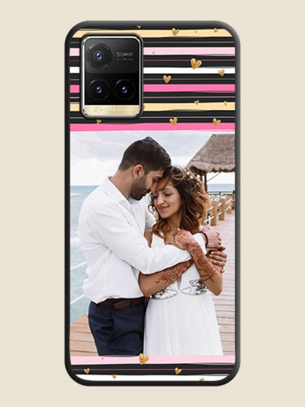 Custom Multicolor Lines and Golden Love Symbols Design on Photo on Space Black Soft Matte Mobile Cover - Vivo Y33T