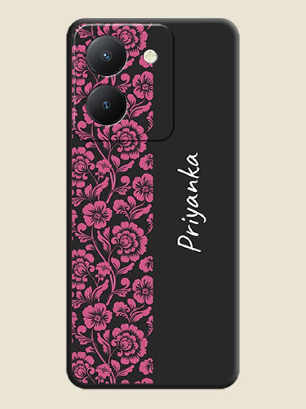 Custom Pink Floral Pattern Design With Custom Text On Space Black Personalized Soft Matte Phone Covers - Vivo Y36